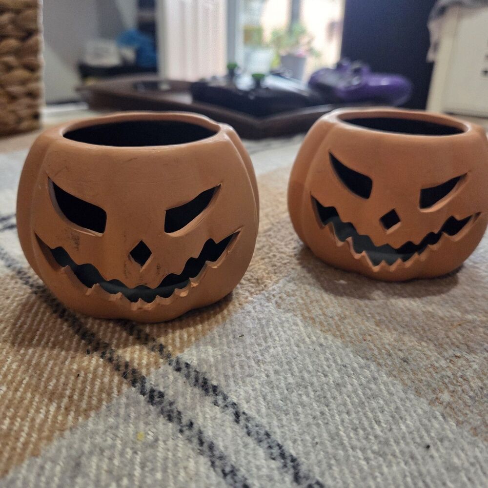 Vintage Deluxe Imports Halloween Jack O Lantern Candle Holders Pair Pumpkin 4”